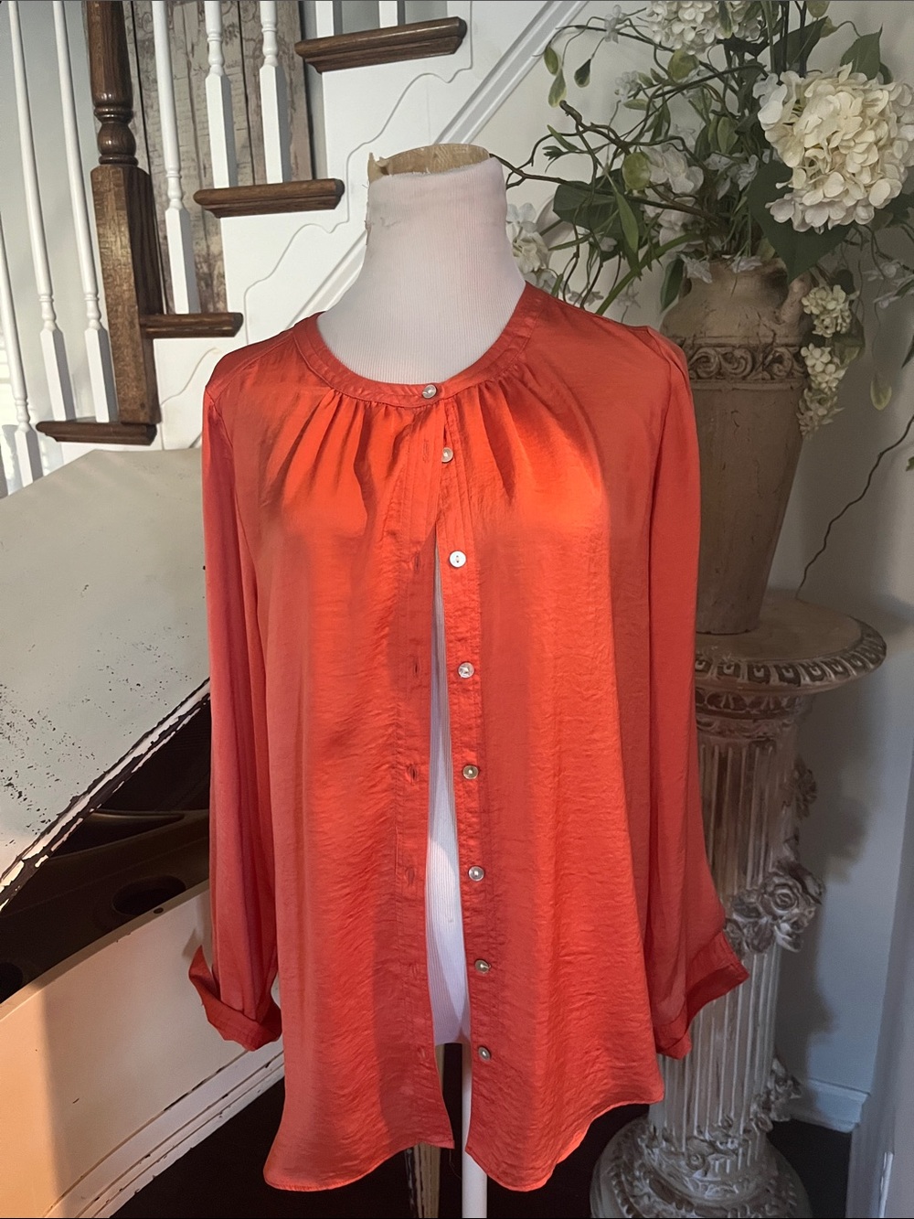 Rose & Olive Vibrant Coral Satin Button-Down Blouse